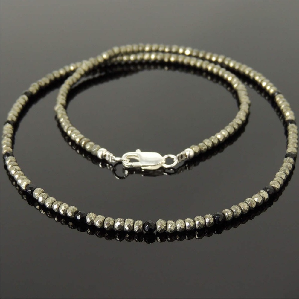 Pyrite Necklace beaded Black Tourmaline sterling silver